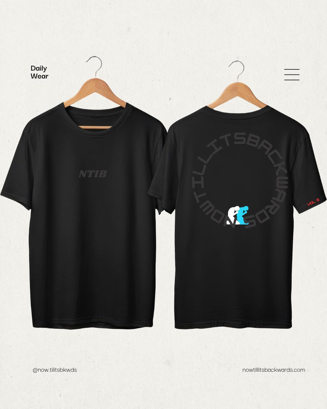 Front and back of the black NTIB tee with a blue and white logo