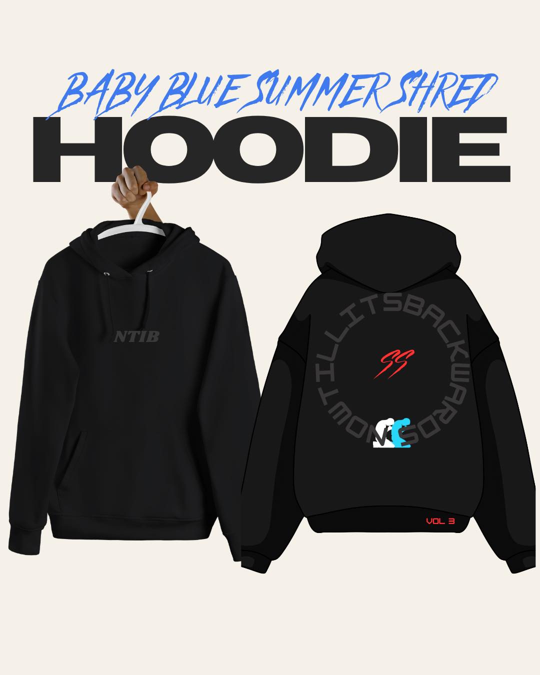 Baby Blue Summer Shred black hoodie with a blue and white logo and red Vol. 3 details