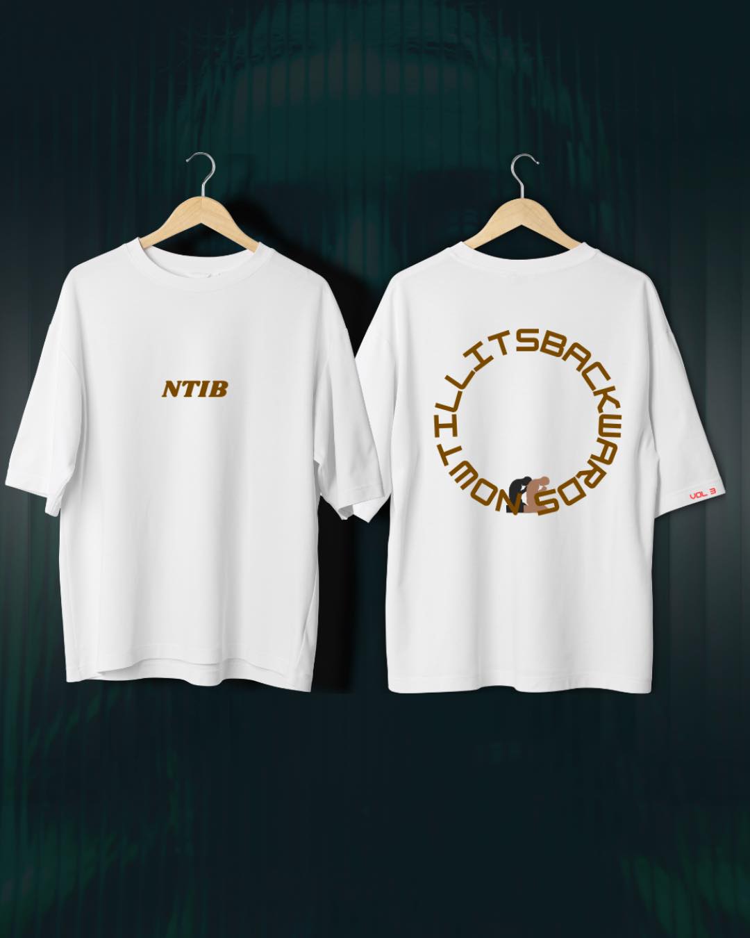 Front and back of the white NTIB tee with gold lettering